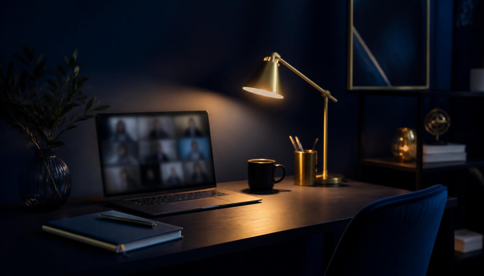Večerní pracovní stůl s notebookem během online právní konzultace